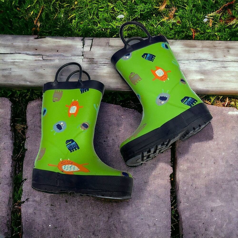 5/$65 Carter's Boys Rain Boots Sz 5 Green Navy Blue Orange Monsters Pull On